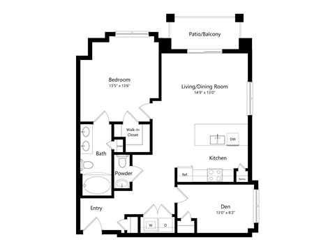 A floor plan of a home with a living area, kitchen, and bathroom.